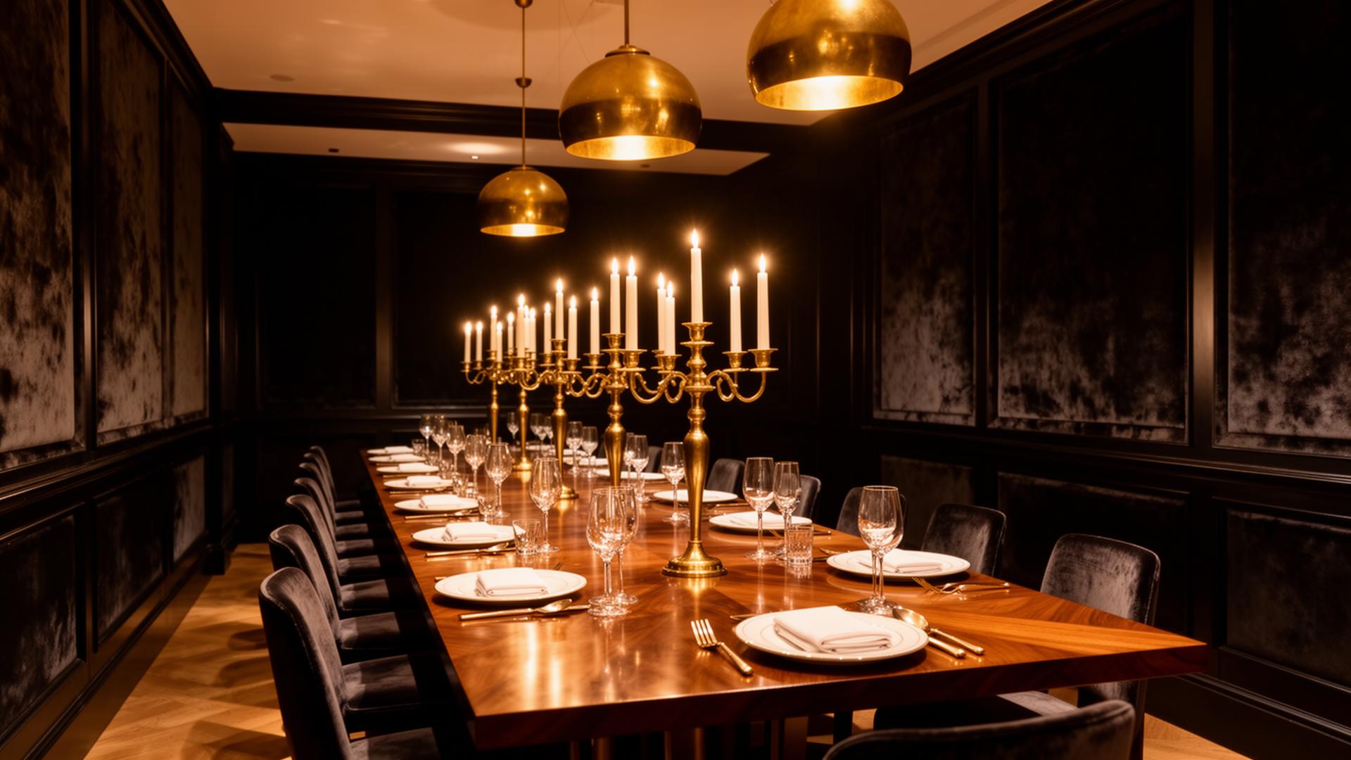 Ember & Saffron private dining room with candelabras and brass pendants